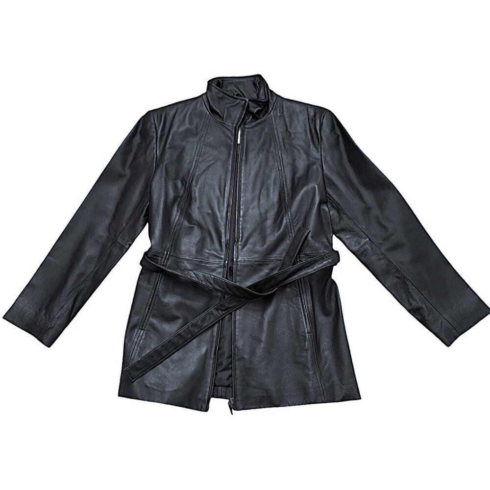 Worthington Women's Black Leather Jacket Belt Long Sleeves Front Zipper Medium